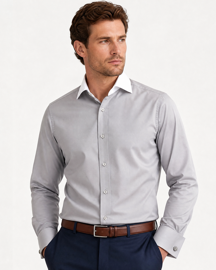 Steven Land Mens Solid Silver Contrast Spread Collar French Cuff Cotton Stretch Dress Shirt
