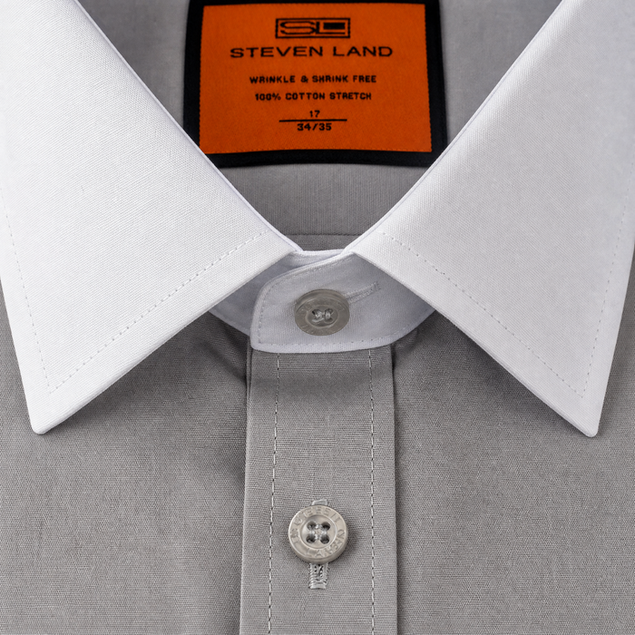 Steven Land Mens Solid Silver Contrast Spread Collar French Cuff Cotton Stretch Dress Shirt