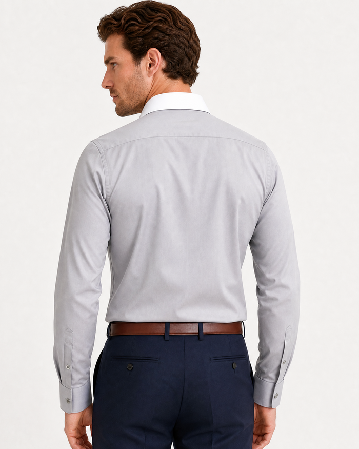 Steven Land Mens Solid Silver Contrast Spread Collar French Cuff Cotton Stretch Dress Shirt