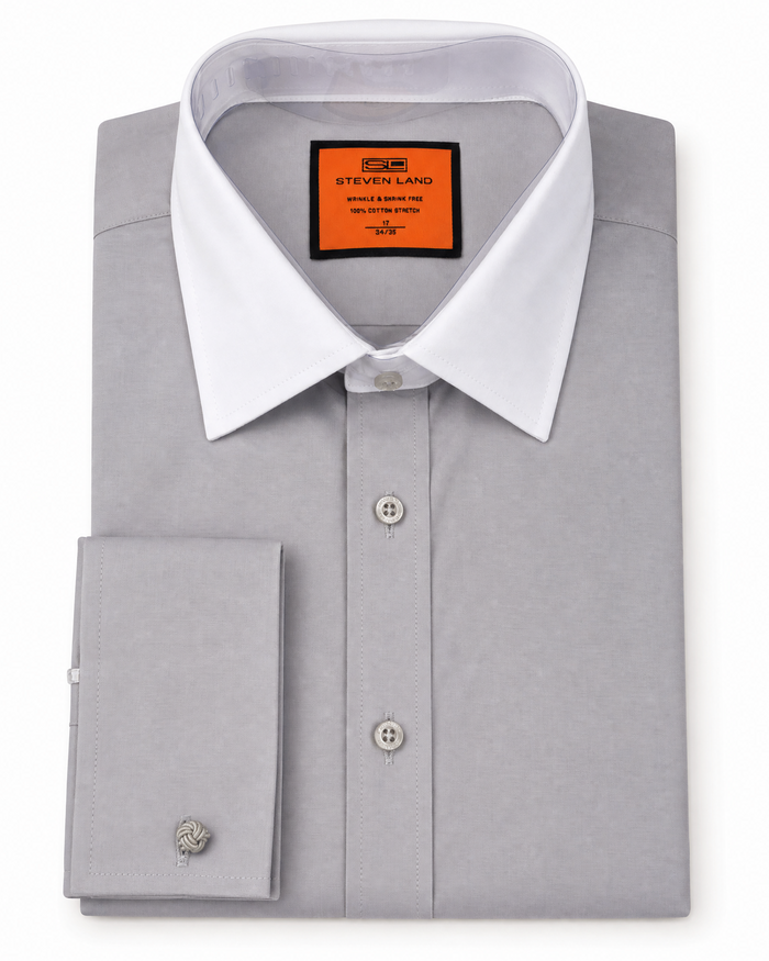 Steven Land Mens Solid Silver Contrast Spread Collar French Cuff Cotton Stretch Dress Shirt
