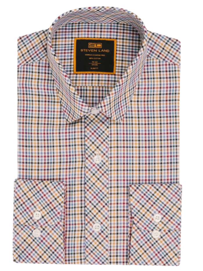 Steven Land Multicolor Plaid Spread Collar Slim Fit Wrinkle & Shrink Free Cotton Dress Shirt