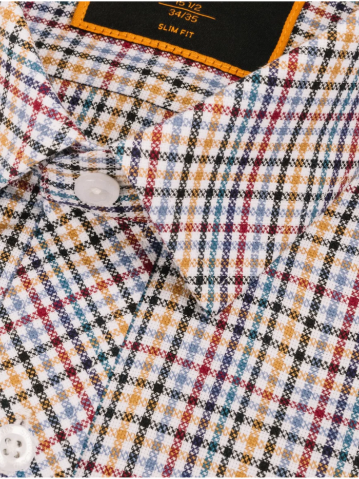 Steven Land Multicolor Plaid Spread Collar Slim Fit Wrinkle & Shrink Free Cotton Dress Shirt