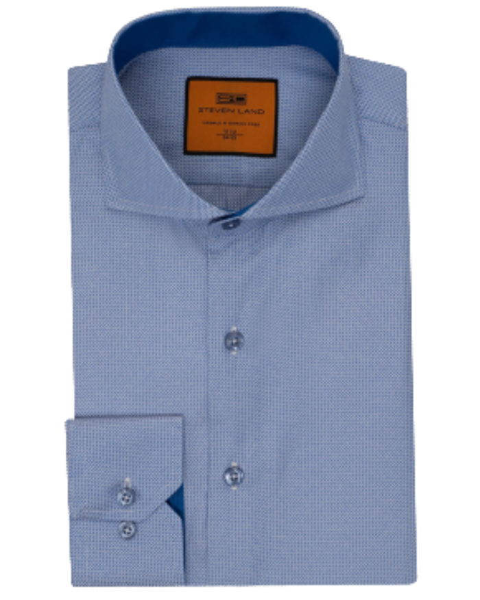 Steven Land Sky Blue Micro Check Regular Fit Cutaway Collar Wrinkle & Shrink Free Cotton Dress Shirt - The Suit Depot