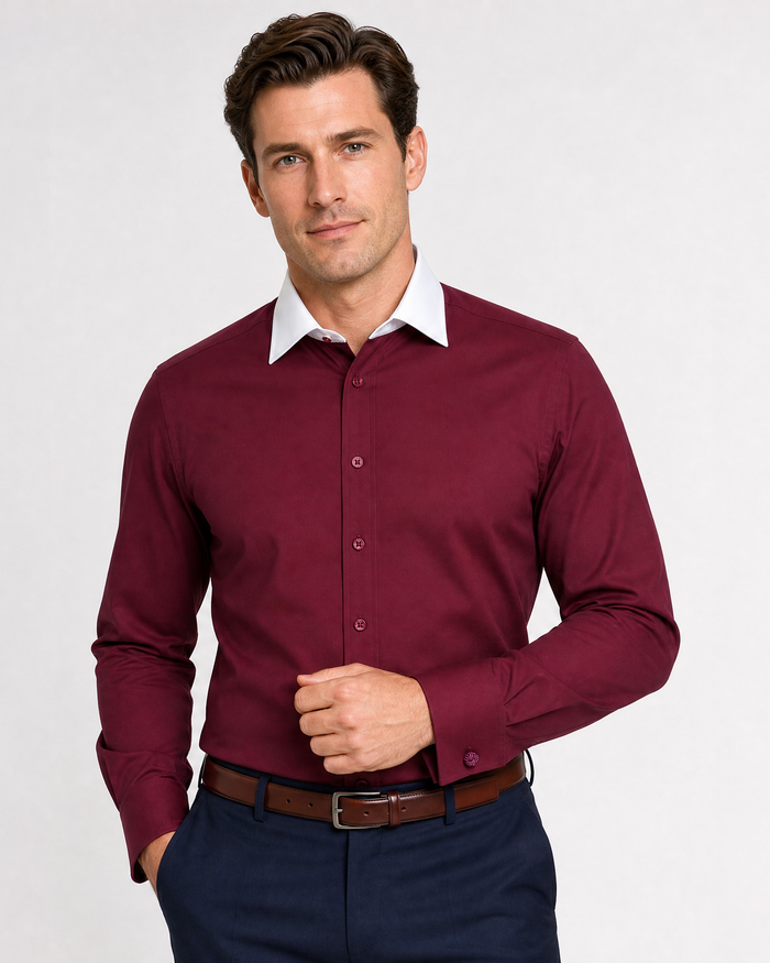 Steven Land Solid Burgundy Contrast Spread Collar Classic Fit French Cuff Cotton Stretch Dress Shirt