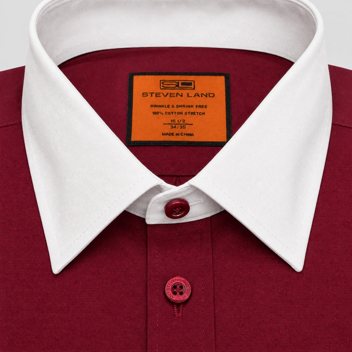 Steven Land Solid Burgundy Contrast Spread Collar Classic Fit French Cuff Cotton Stretch Dress Shirt