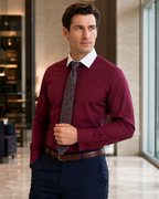 Steven Land Solid Burgundy Contrast Spread Collar Classic Fit French Cuff Cotton Stretch Dress Shirt