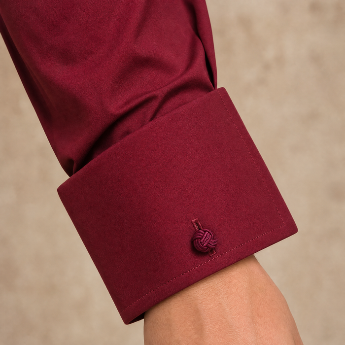 Steven Land Solid Burgundy Contrast Spread Collar Classic Fit French Cuff Cotton Stretch Dress Shirt