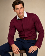 Steven Land Solid Burgundy Contrast Spread Collar Classic Fit French Cuff Cotton Stretch Dress Shirt