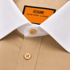 Steven Land Solid Khaki Contrast Spread Collar Classic Fit French Cuff Cotton Stretch Dress Shirt