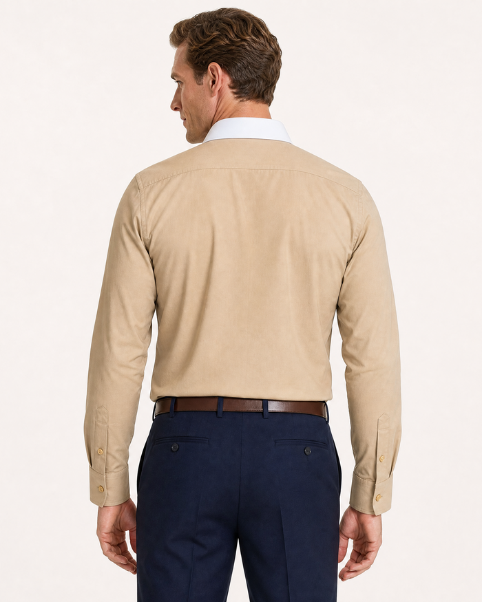 Steven Land Solid Khaki Contrast Spread Collar Classic Fit French Cuff Cotton Stretch Dress Shirt