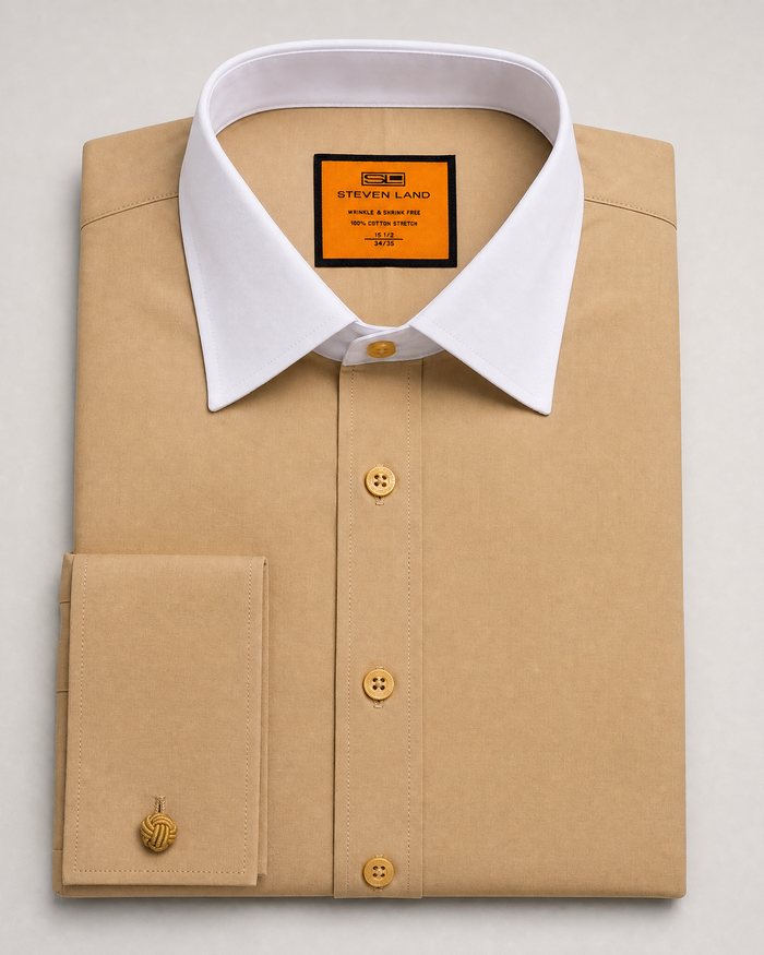 Steven Land Solid Khaki Contrast Spread Collar Classic Fit French Cuff Cotton Stretch Dress Shirt
