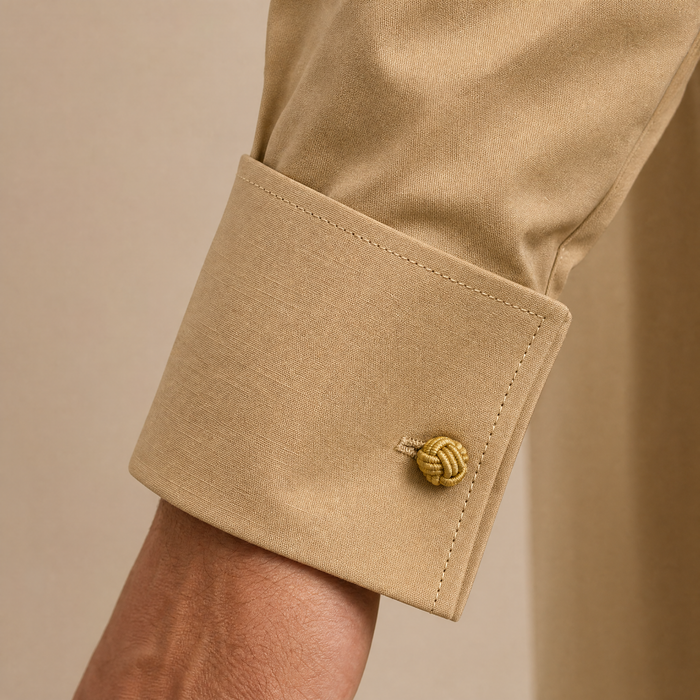 Steven Land Solid Khaki Contrast Spread Collar Classic Fit French Cuff Cotton Stretch Dress Shirt