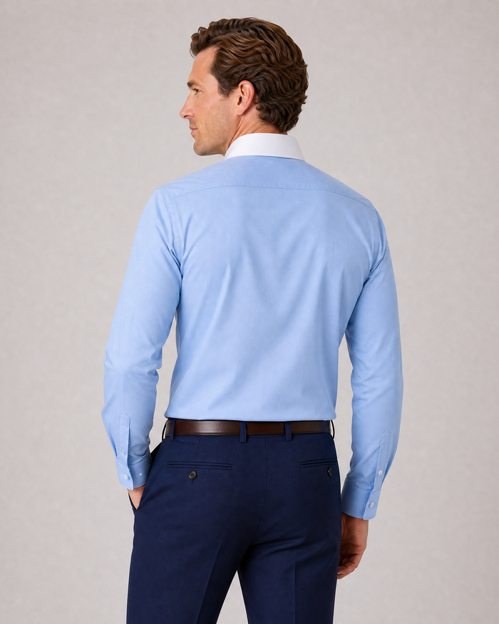 Steven Land Solid Light Blue Contrast Spread Collar Classic Fit French Cuff Cotton Stretch Dress Shirt