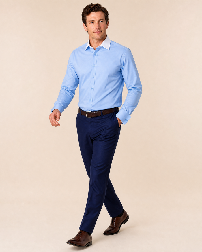 Steven Land Solid Light Blue Contrast Spread Collar Classic Fit French Cuff Cotton Stretch Dress Shirt