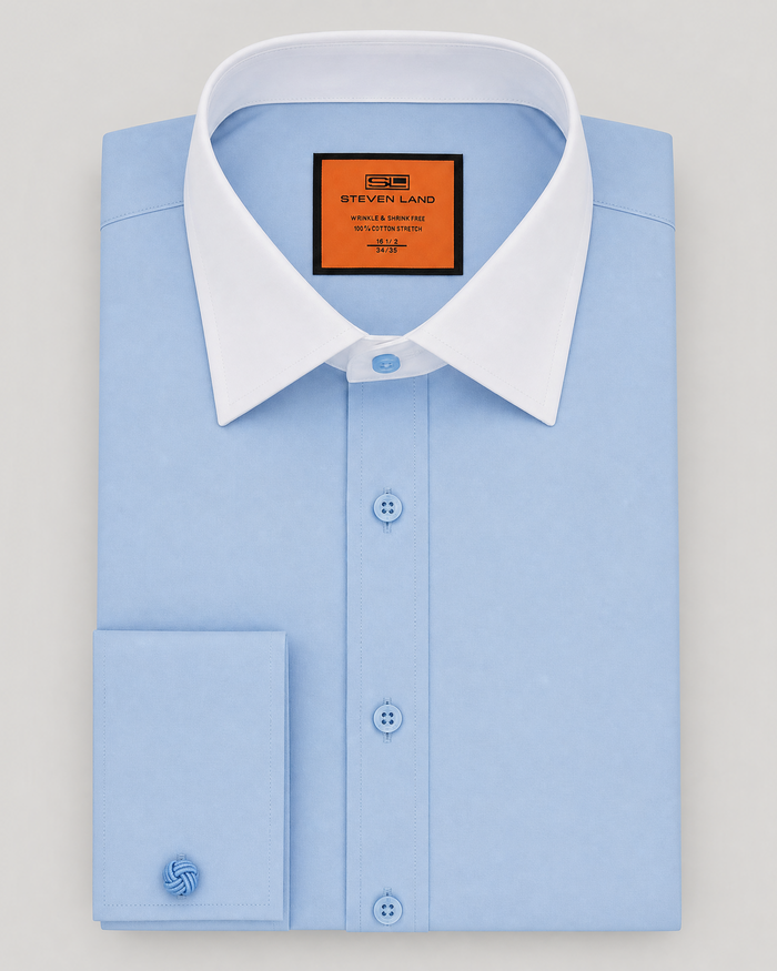 Steven Land Solid Light Blue Contrast Spread Collar Classic Fit French Cuff Cotton Stretch Dress Shirt
