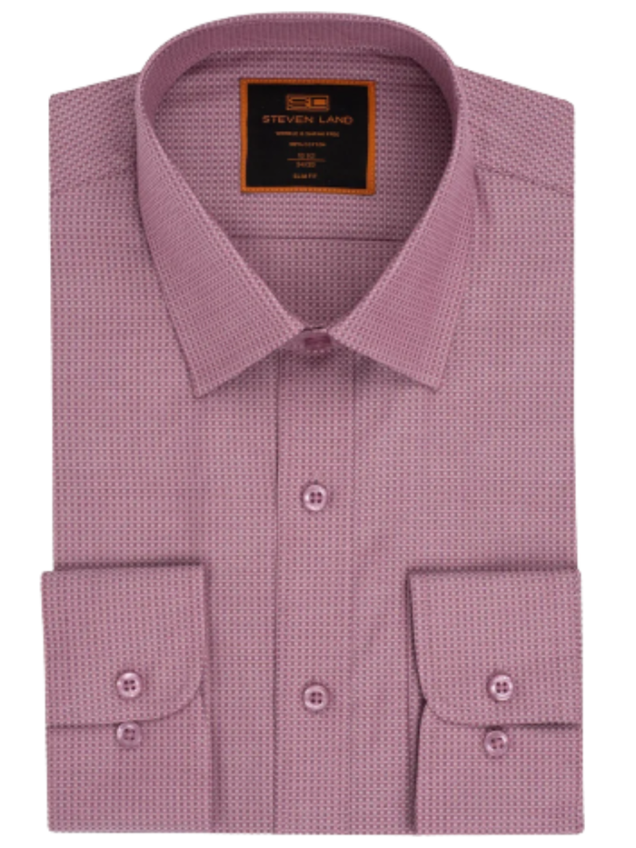Steven Land Textured Berry Pink Slim Fit Spread Collar Wrinkle Shrink Free Cotton Dress Shirt