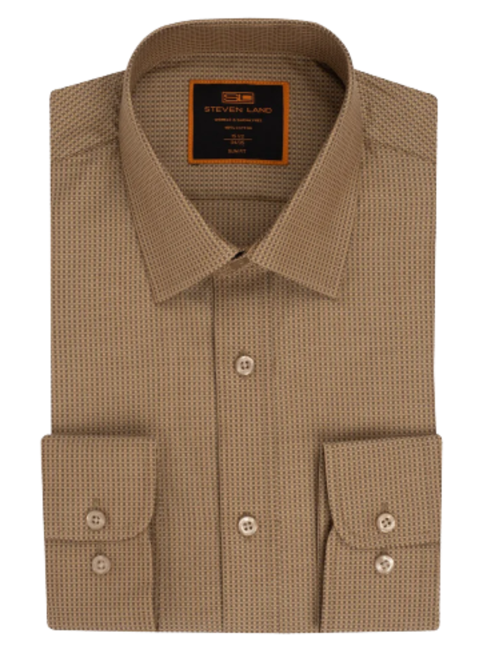 Steven Land Textured Golden Brown Slim Fit Spread Collar Wrinkle Shrink Free Cotton Dress Shirt