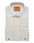 Steven Land Yellow & Blue Striped Club Collar French Cuff Cotton Dress Shirt
