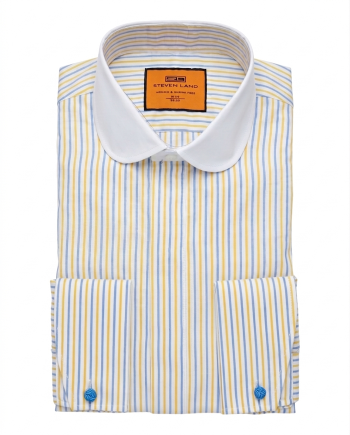 Steven Land Yellow & Blue Striped Club Collar French Cuff Cotton Dress Shirt