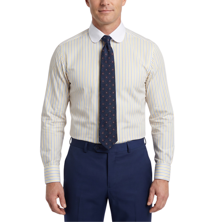 Steven Land Yellow & Blue Striped Club Collar French Cuff Cotton Dress Shirt