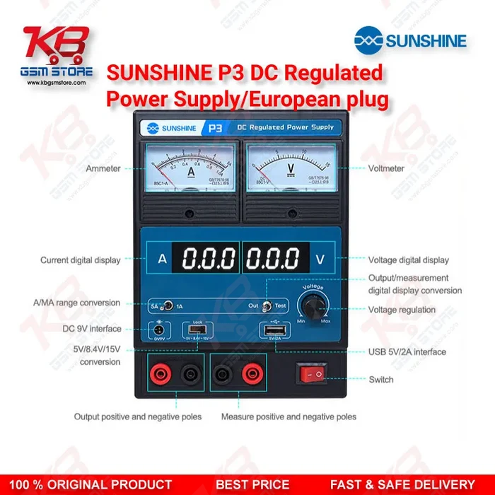 SUNSHINE P3 DC Regulated Power Supply – 5V/8.4V/15V Dual Display (European Plug)