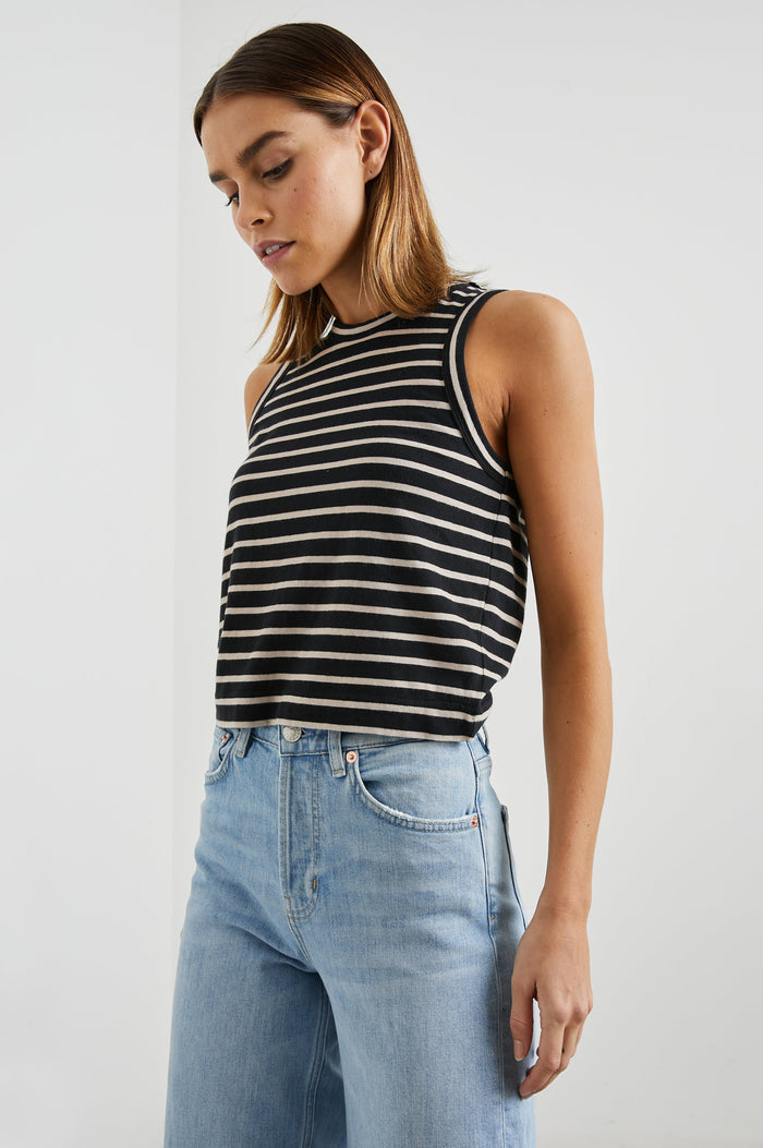 BOXY-TANK-BLACK-IVORY-STRIPE-SIDE ANGLE