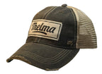 Gray baseball cap with Thelma patch.