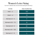 Chart showing women's letter sizing conversions from US shoe sizes to Oka-B letter sizes for Elle Flip Flops | Oka-B, with a recommendation to size up if between sizes.