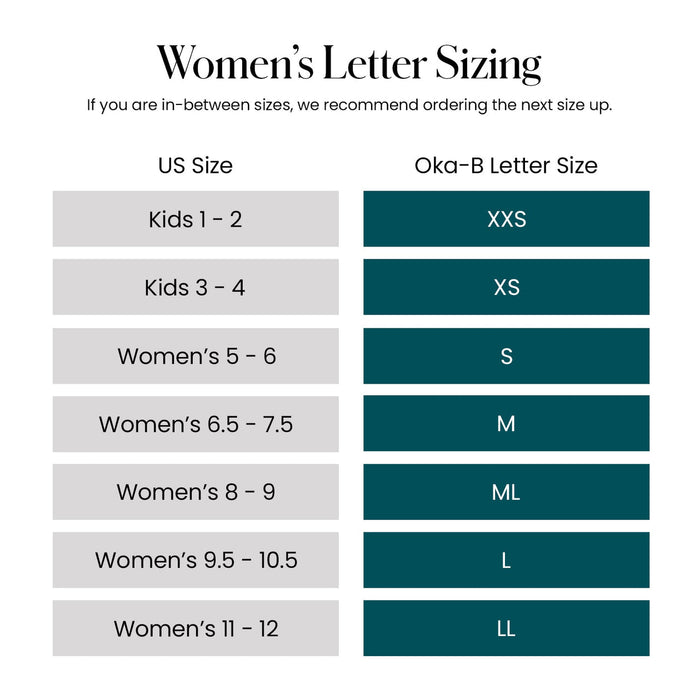 Chart showing women's letter sizing conversions from US shoe sizes to Oka-B letter sizes for Elle Flip Flops | Oka-B, with a recommendation to size up if between sizes.