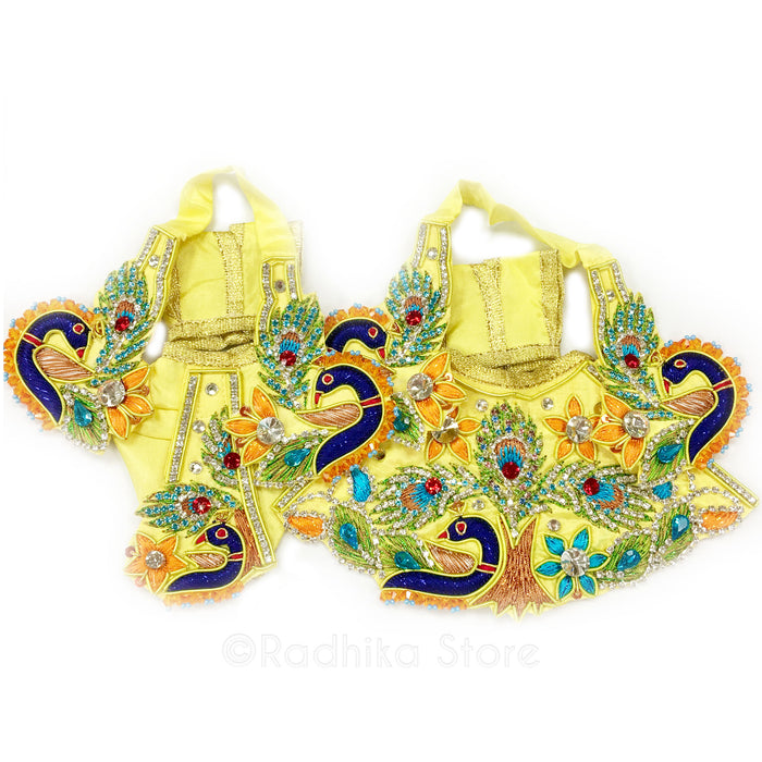 Vamsi Vat Peacocks - Sunshine Yellow Satin - Radha Krishna Deity Outfit