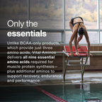 A swimmer poised on the starting block at an indoor pool, alongside text highlighting that Vital Aminos provides all nine essential amino acids for muscle recovery, endurance, and performance.