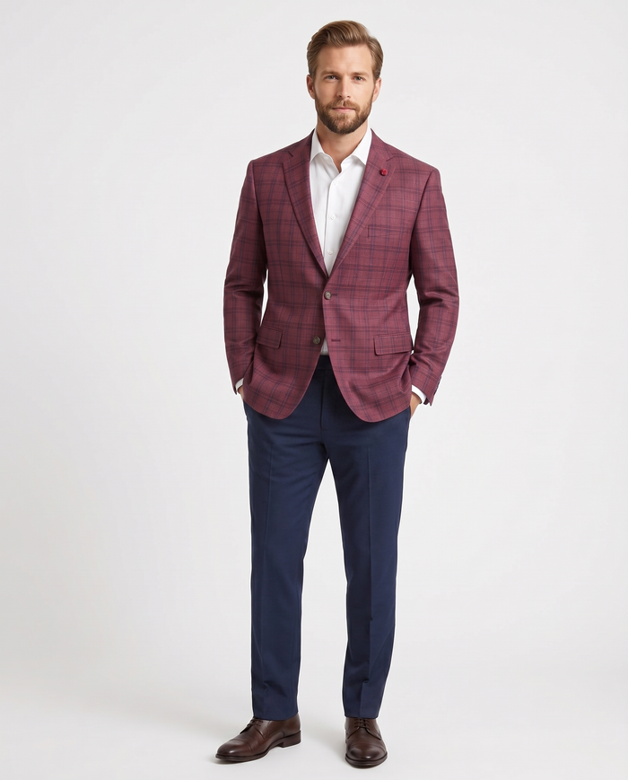 Vitali Plaid Berry Modern Fit Notch Lapel 2-Button Blazer Sport Coat