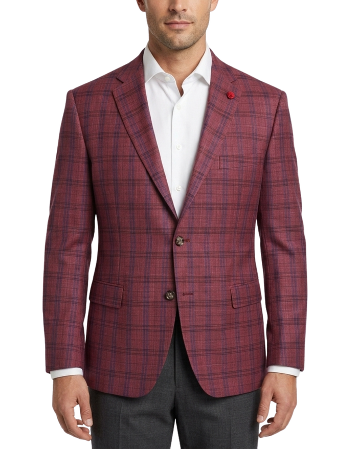 Vitali Plaid Berry Modern Fit Notch Lapel 2-Button Blazer Sport Coat