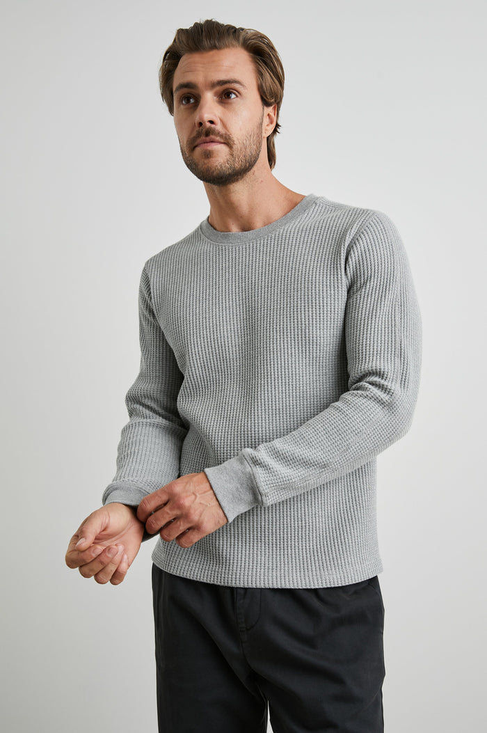 Wade Long-Sleeve Waffle Knit Thermal with a Crew Neck in Heather Grey Colorway - Front View Featured on Model