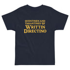 Writtin Directino Kid's Tee - The iconic heavy-serif typeface rendered in "retro popcorn gold (#F0B83C)" against a deep "midnight obsidian base (#0D0D0D)," instantly recalling the opening title cards of 1990s crime thrillers.