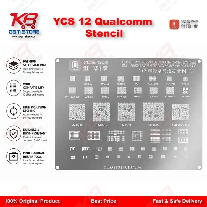 YCS 12 Qualcomm BGA Reballing Stencil – Snapdragon 7s Gen3, 7 Gen3, 6 Gen1, 4 Gen2